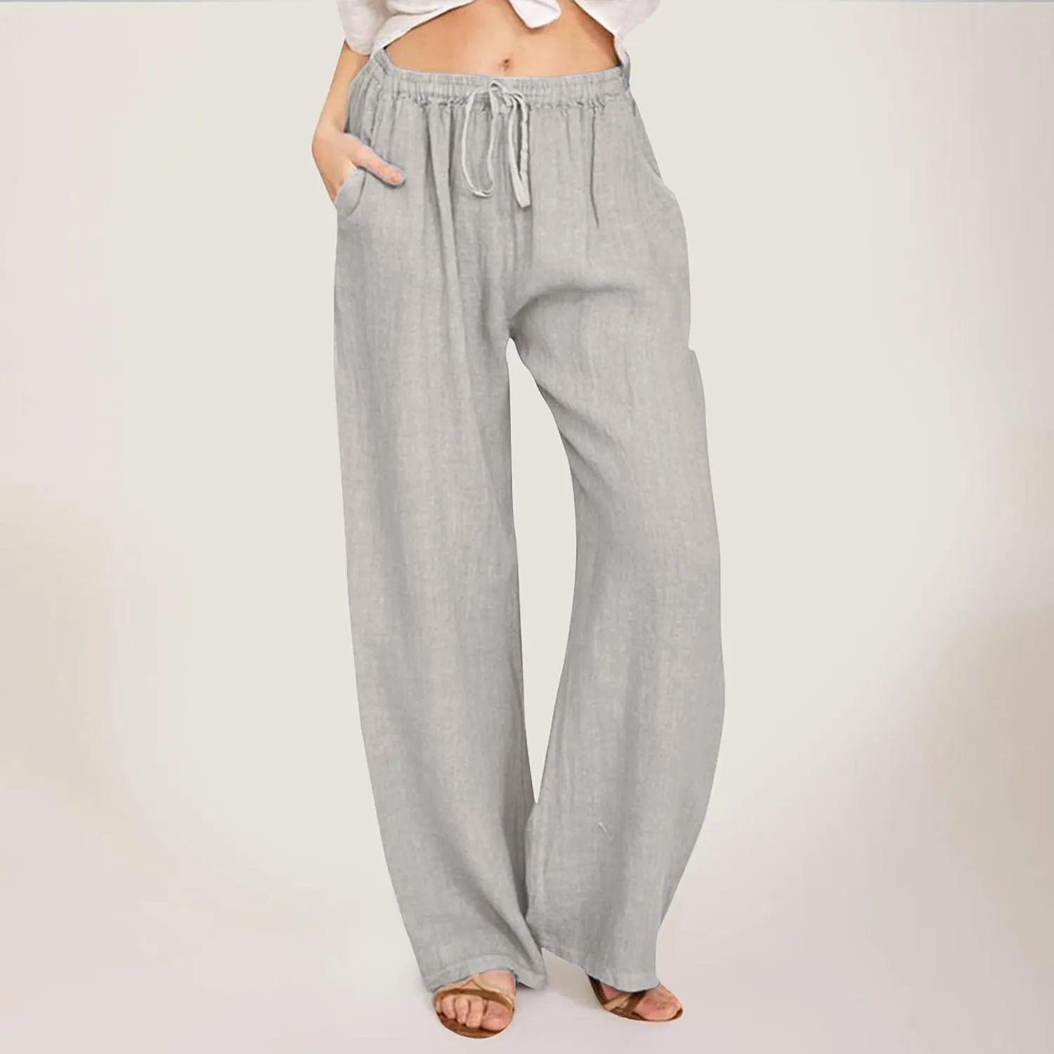 Women Linen Summer Palazzo Pant Flowy Wide Leg Boho Pants Elastic High Waist Pull On Trouser with Pocket