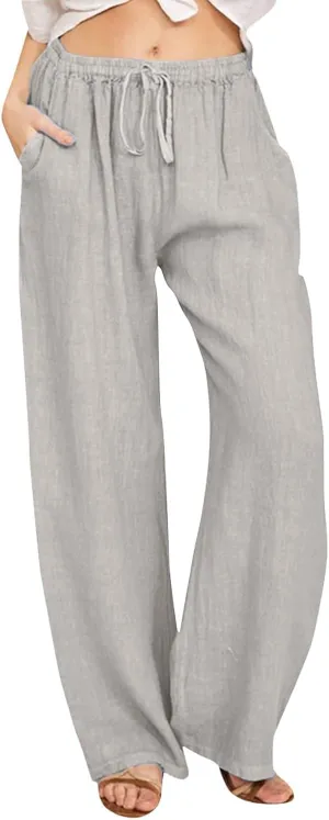 Women Linen Summer Palazzo Pant Flowy Wide Leg Boho Pants Elastic High Waist Pull On Trouser with Pocket