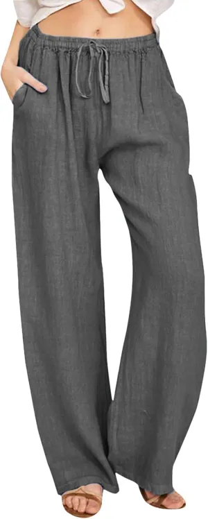 Women Linen Summer Palazzo Pant Flowy Wide Leg Boho Pants Elastic High Waist Pull On Trouser with Pocket