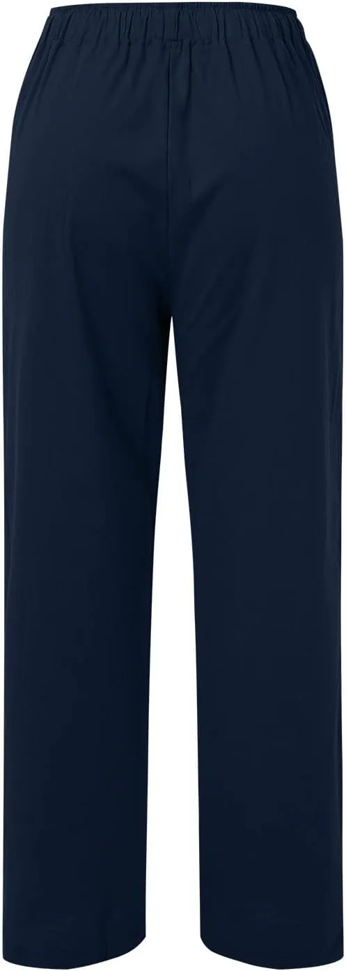 Women Linen Summer Palazzo Pant Flowy Wide Leg Boho Pants Elastic High Waist Pull On Trouser with Pocket