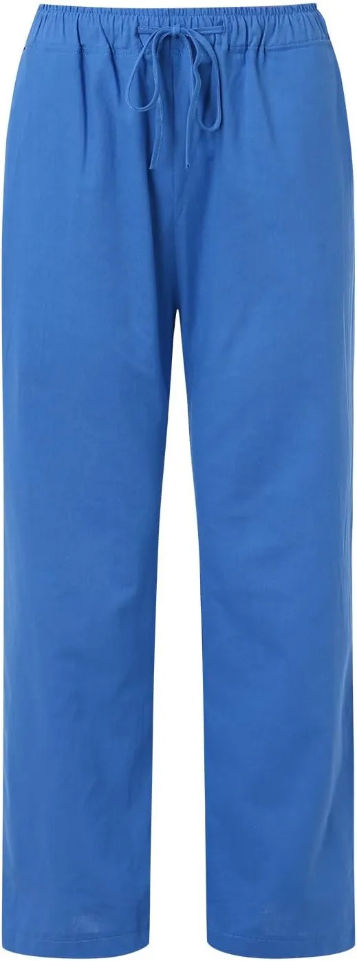 Women Linen Summer Palazzo Pant Flowy Wide Leg Boho Pants Elastic High Waist Pull On Trouser with Pocket