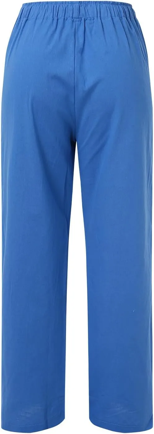 Women Linen Summer Palazzo Pant Flowy Wide Leg Boho Pants Elastic High Waist Pull On Trouser with Pocket