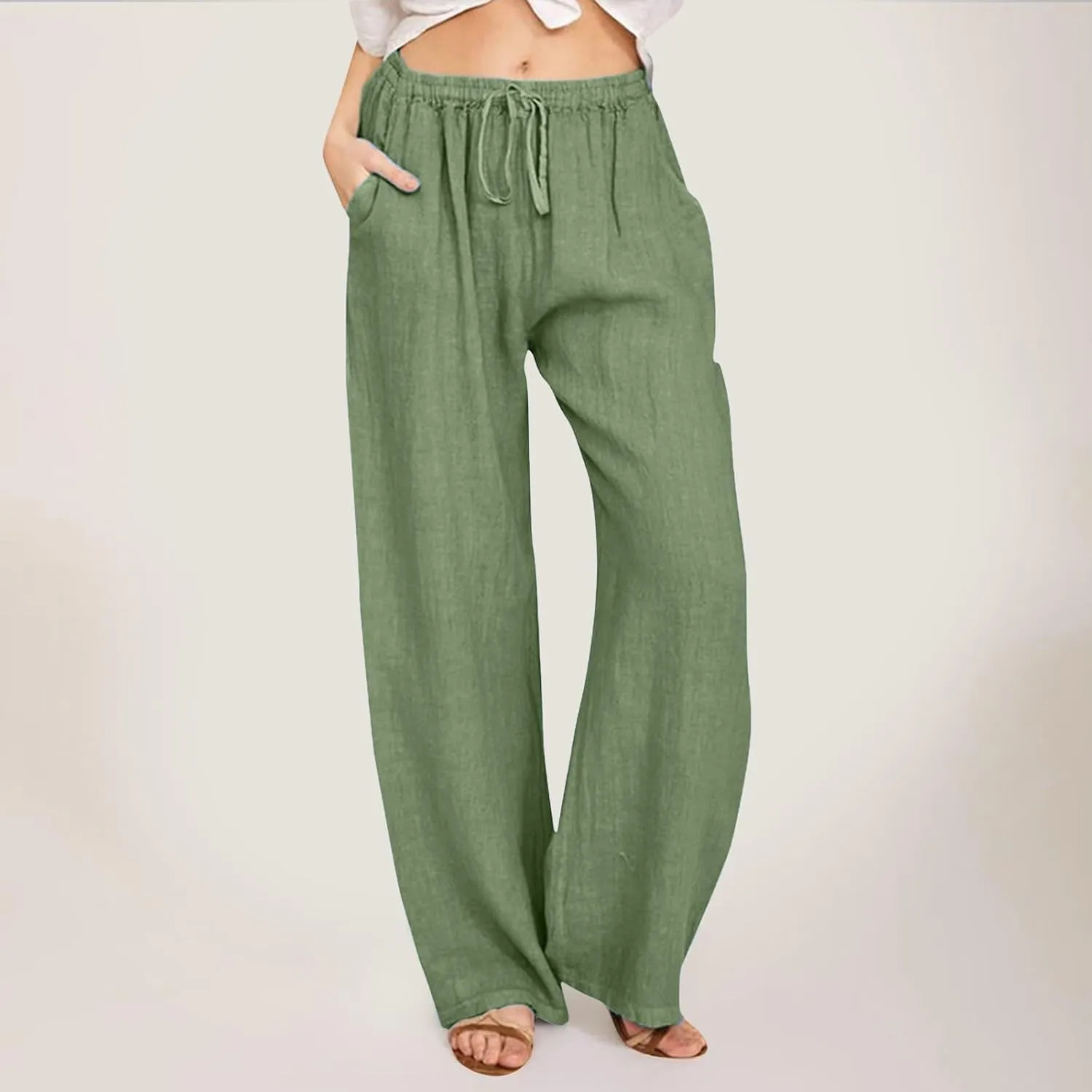 Women Linen Summer Palazzo Pant Flowy Wide Leg Boho Pants Elastic High Waist Pull On Trouser with Pocket