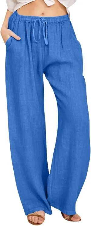 Women Linen Summer Palazzo Pant Flowy Wide Leg Boho Pants Elastic High Waist Pull On Trouser with Pocket