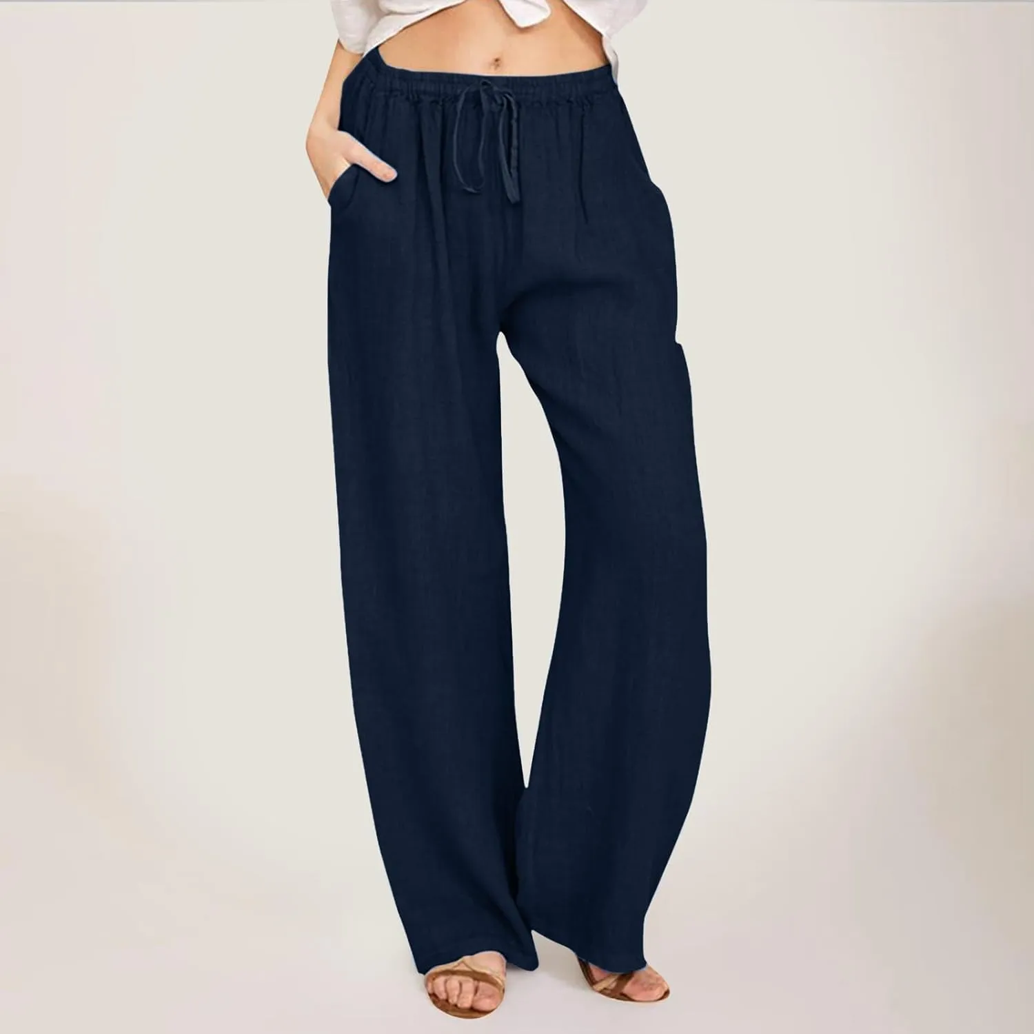 Women Linen Summer Palazzo Pant Flowy Wide Leg Boho Pants Elastic High Waist Pull On Trouser with Pocket