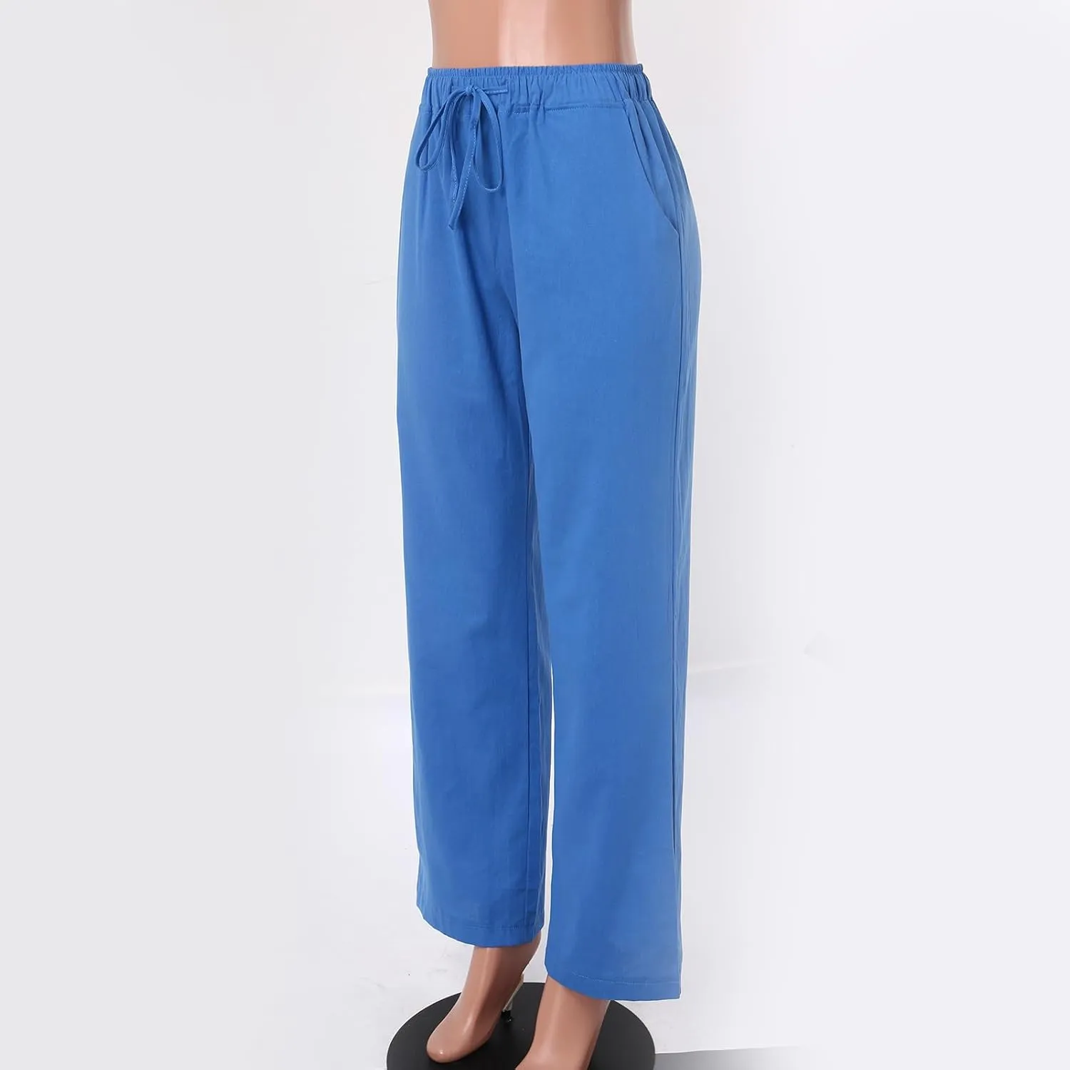 Women Linen Summer Palazzo Pant Flowy Wide Leg Boho Pants Elastic High Waist Pull On Trouser with Pocket