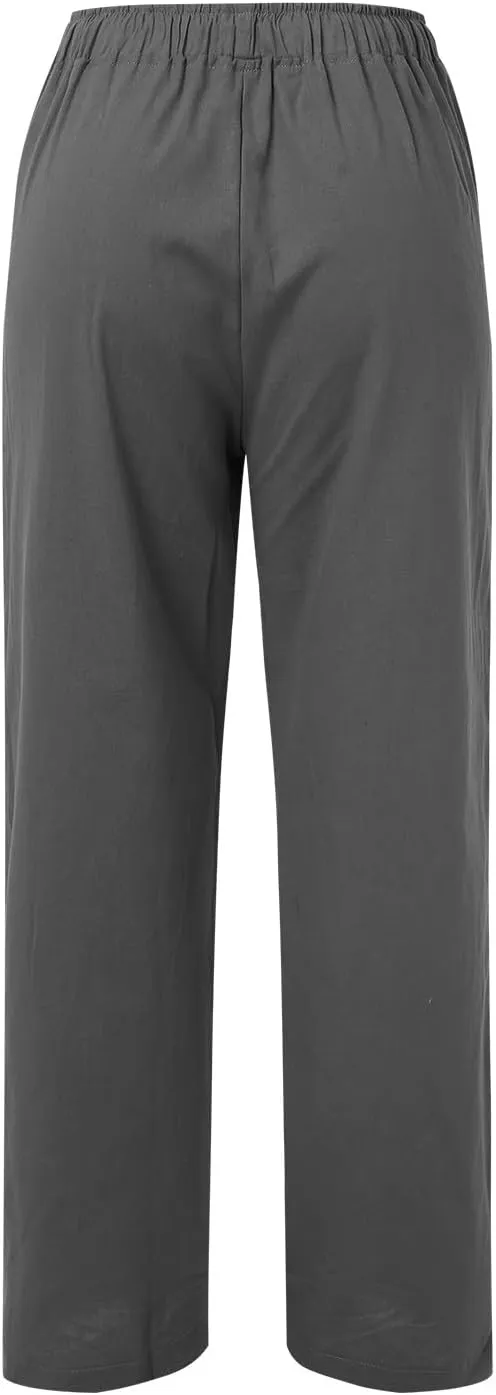 Women Linen Summer Palazzo Pant Flowy Wide Leg Boho Pants Elastic High Waist Pull On Trouser with Pocket