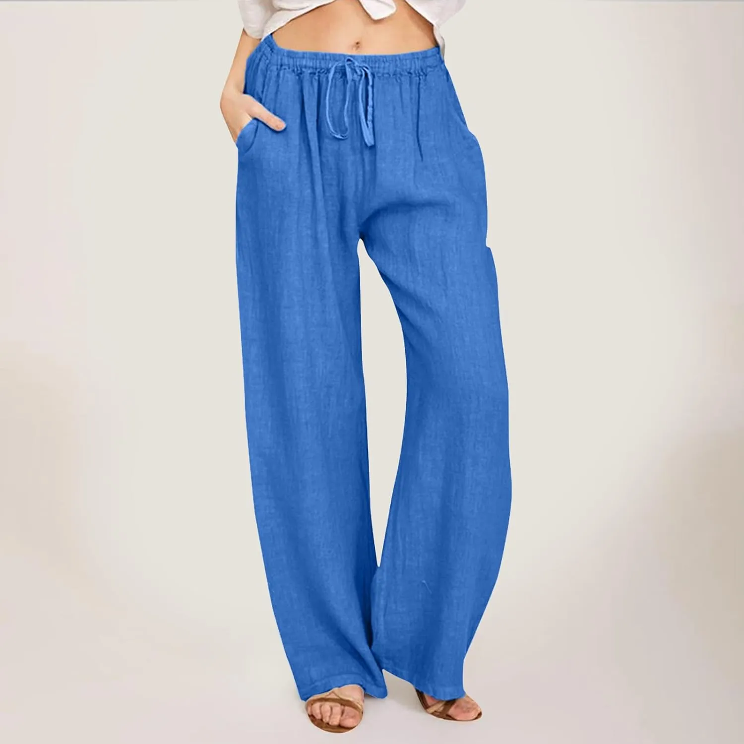 Women Linen Summer Palazzo Pant Flowy Wide Leg Boho Pants Elastic High Waist Pull On Trouser with Pocket