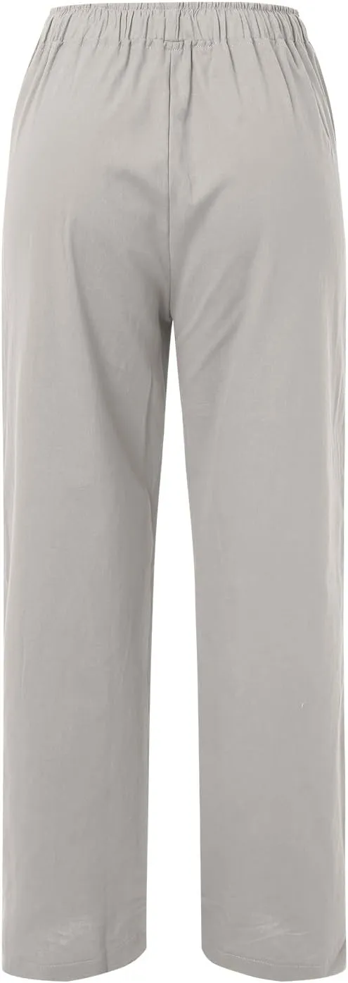 Women Linen Summer Palazzo Pant Flowy Wide Leg Boho Pants Elastic High Waist Pull On Trouser with Pocket