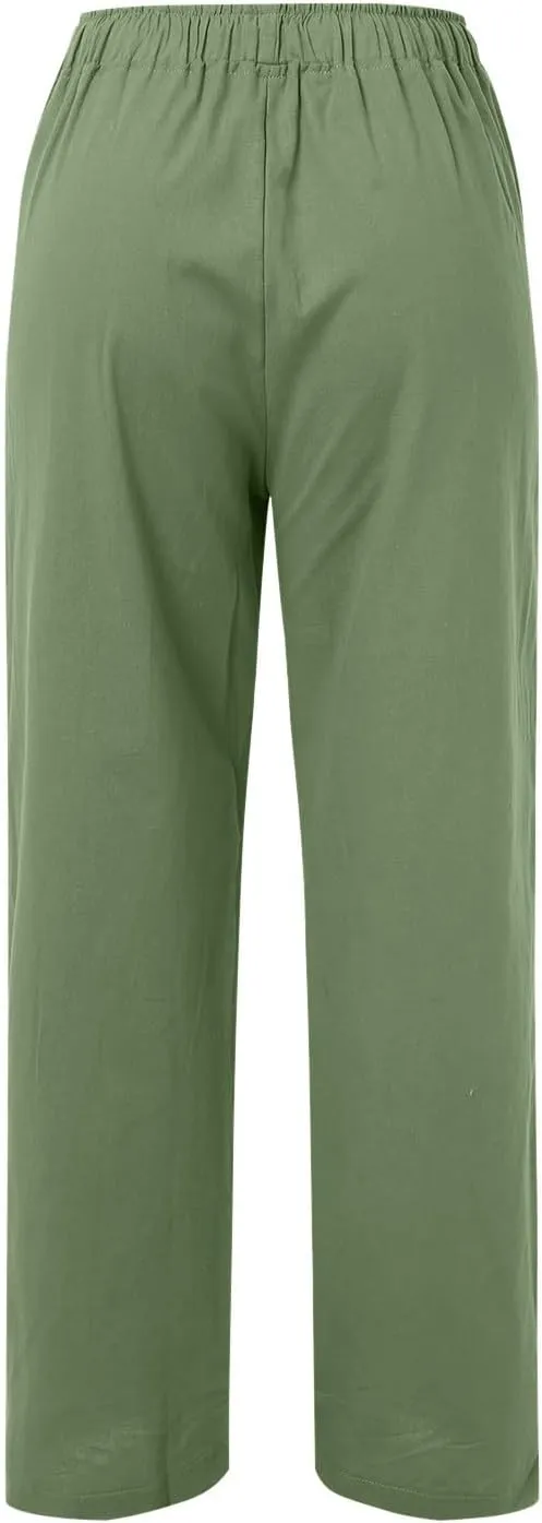 Women Linen Summer Palazzo Pant Flowy Wide Leg Boho Pants Elastic High Waist Pull On Trouser with Pocket