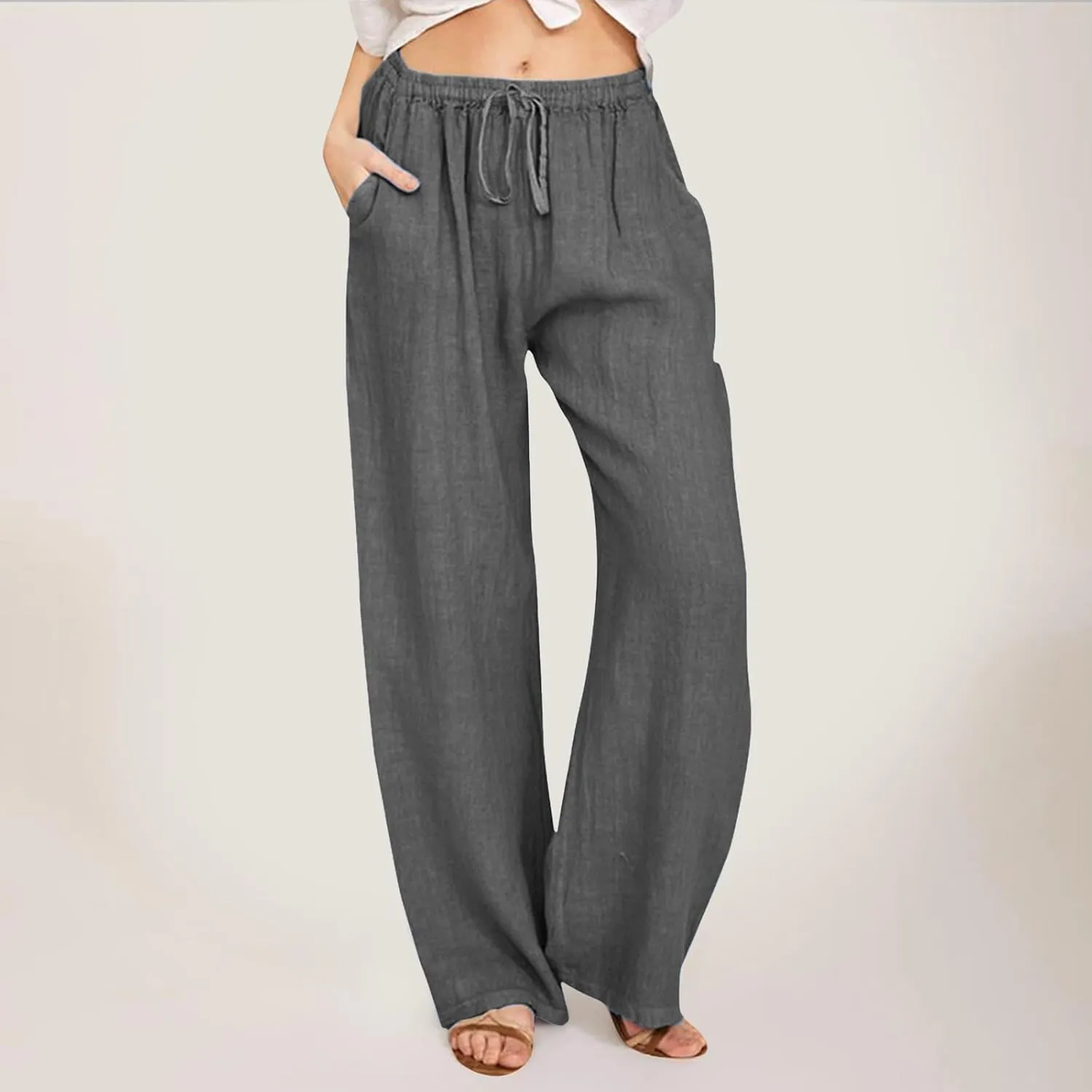 Women Linen Summer Palazzo Pant Flowy Wide Leg Boho Pants Elastic High Waist Pull On Trouser with Pocket
