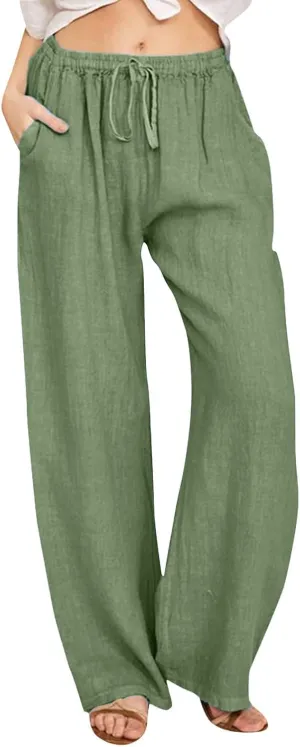 Women Linen Summer Palazzo Pant Flowy Wide Leg Boho Pants Elastic High Waist Pull On Trouser with Pocket