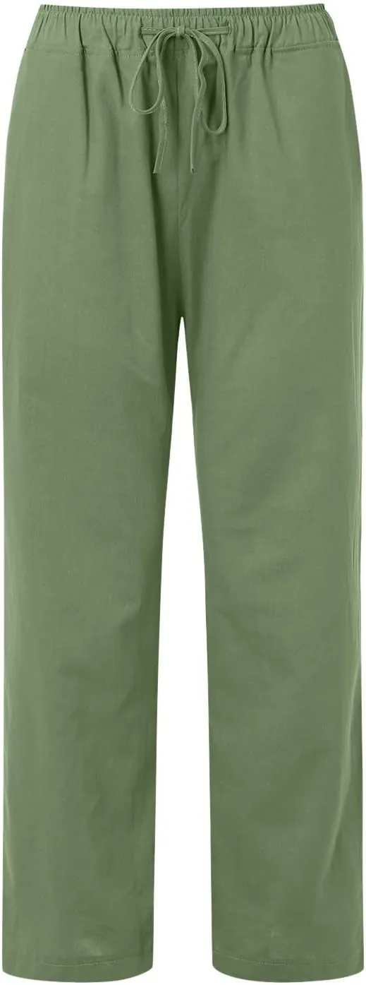 Women Linen Summer Palazzo Pant Flowy Wide Leg Boho Pants Elastic High Waist Pull On Trouser with Pocket