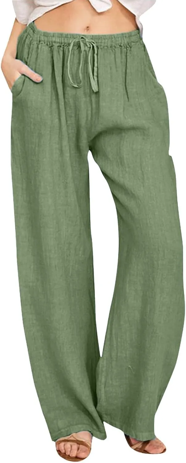 Women Linen Summer Palazzo Pant Flowy Wide Leg Boho Pants Elastic High Waist Pull On Trouser with Pocket