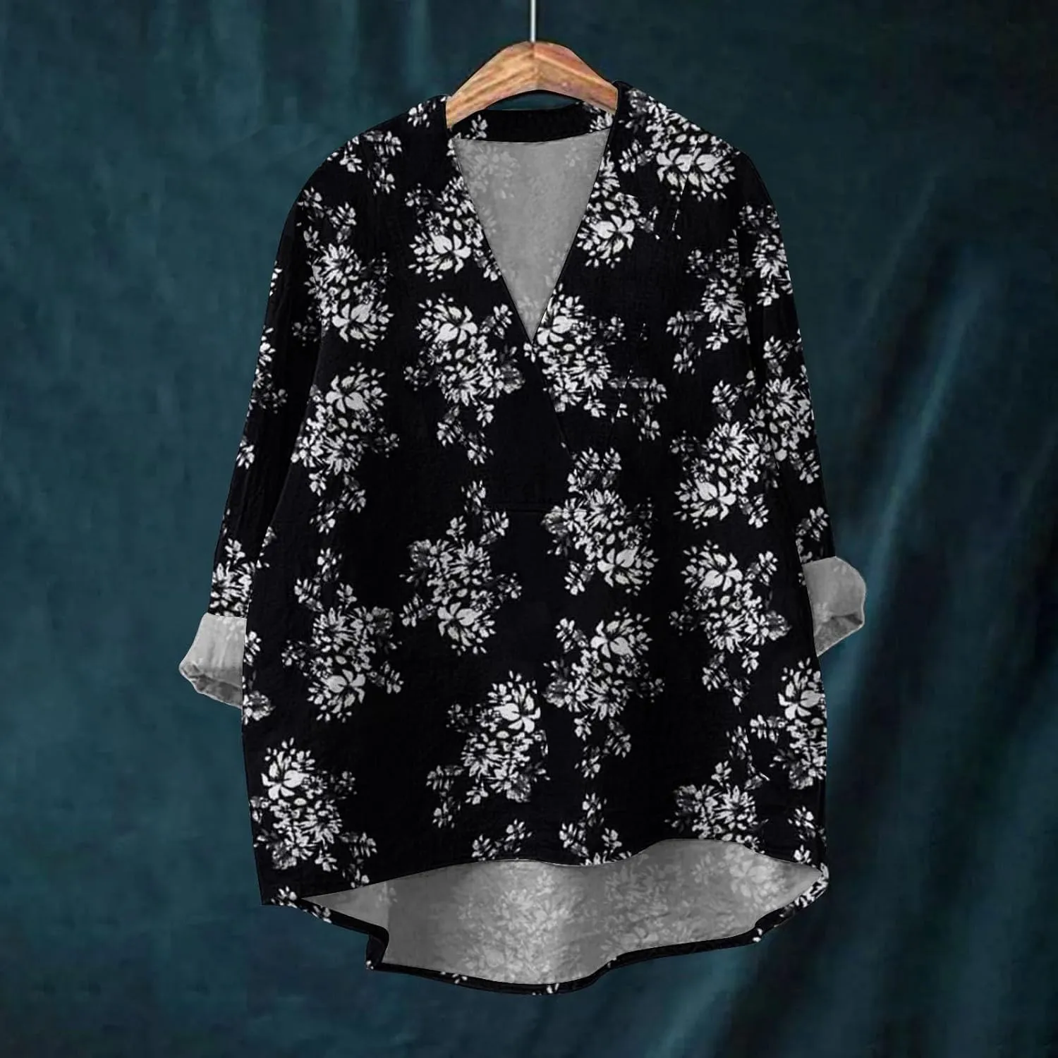 Women Oversized Cotton Linen Shirt Casual Floral Graphic V Neck Blouse Trendy Long Sleeve Tunics Summer Loose Tops