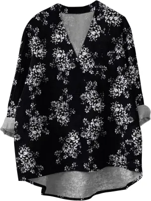 Women Oversized Cotton Linen Shirt Casual Floral Graphic V Neck Blouse Trendy Long Sleeve Tunics Summer Loose Tops