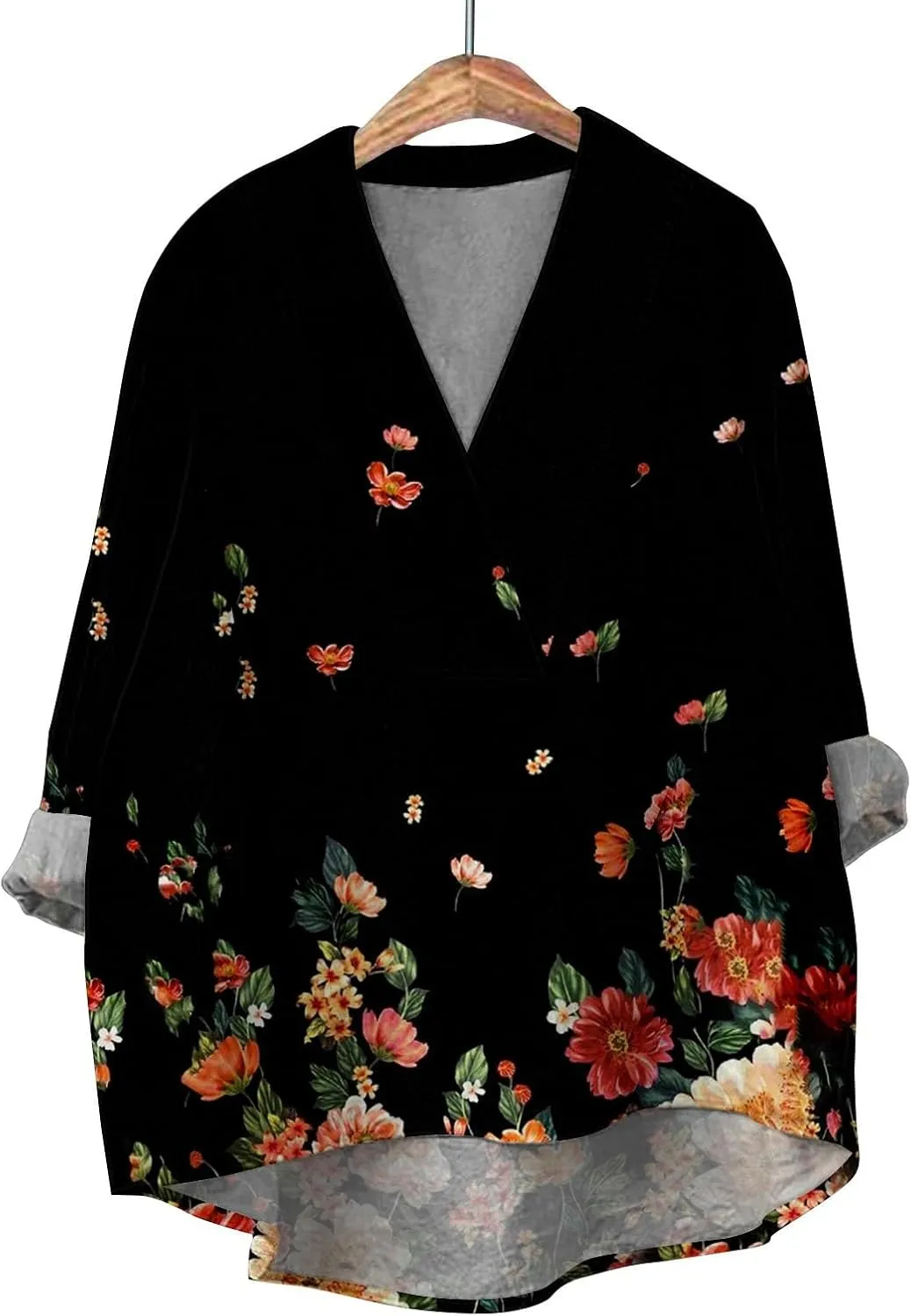 Women Oversized Cotton Linen Shirt Casual Floral Graphic V Neck Blouse Trendy Long Sleeve Tunics Summer Loose Tops