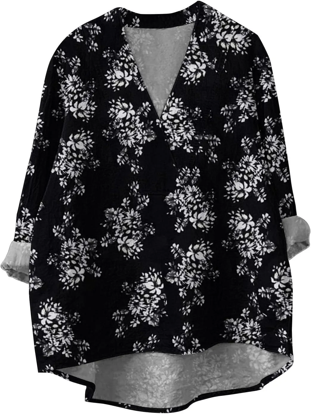 Women Oversized Cotton Linen Shirt Casual Floral Graphic V Neck Blouse Trendy Long Sleeve Tunics Summer Loose Tops