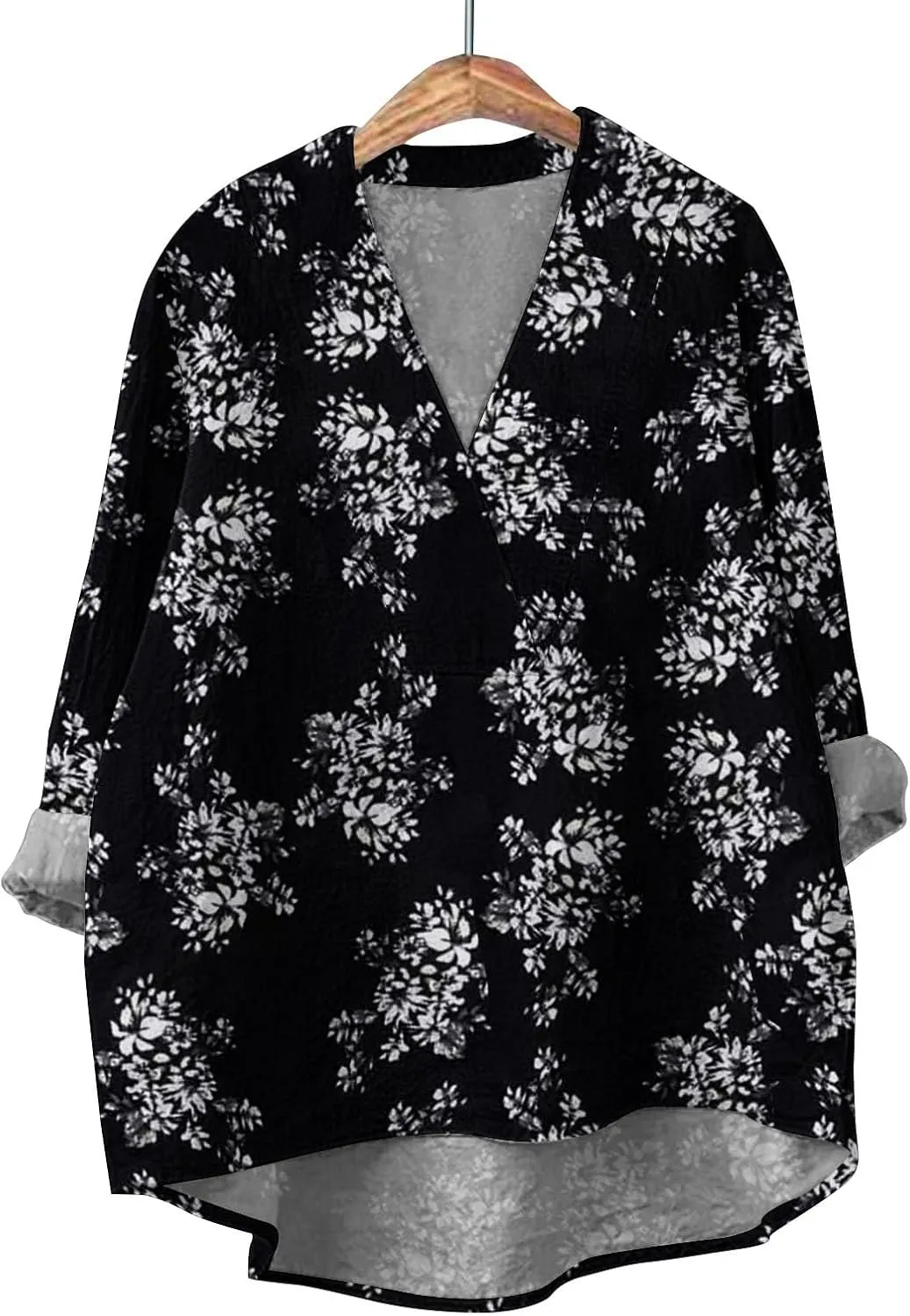 Women Oversized Cotton Linen Shirt Casual Floral Graphic V Neck Blouse Trendy Long Sleeve Tunics Summer Loose Tops