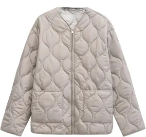 Women Patch Pocket Cotton Padded Jacket Coat Vintage O Neck Long Sleeve Zipper-Up Outerwear Tops Khaki L