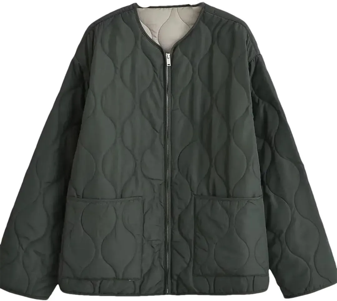 Women Patch Pocket Cotton Padded Jacket Coat Vintage O Neck Long Sleeve Zipper-Up Outerwear Tops picture colour L