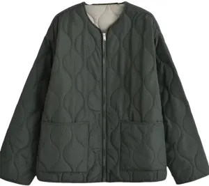 Women Patch Pocket Cotton Padded Jacket Coat Vintage O Neck Long Sleeve Zipper-Up Outerwear Tops picture colour L