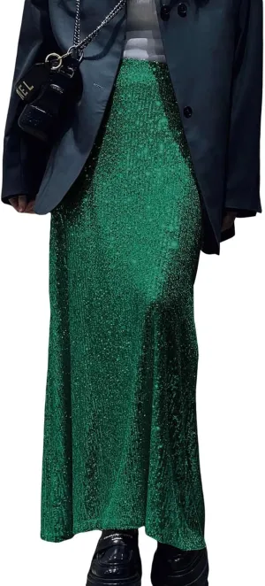 Women Sequin Maxi Skirt Set Glitter Shiny Long Sleeve Crop Top Sparkly Long Skirt Suit Party Bling Concert Outfits