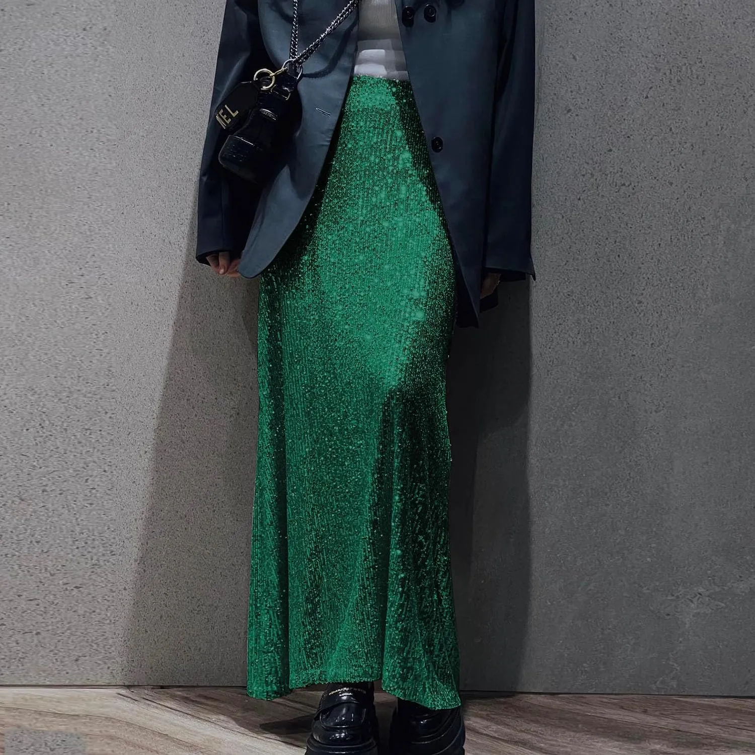 Women Sequin Maxi Skirt Set Glitter Shiny Long Sleeve Crop Top Sparkly Long Skirt Suit Party Bling Concert Outfits