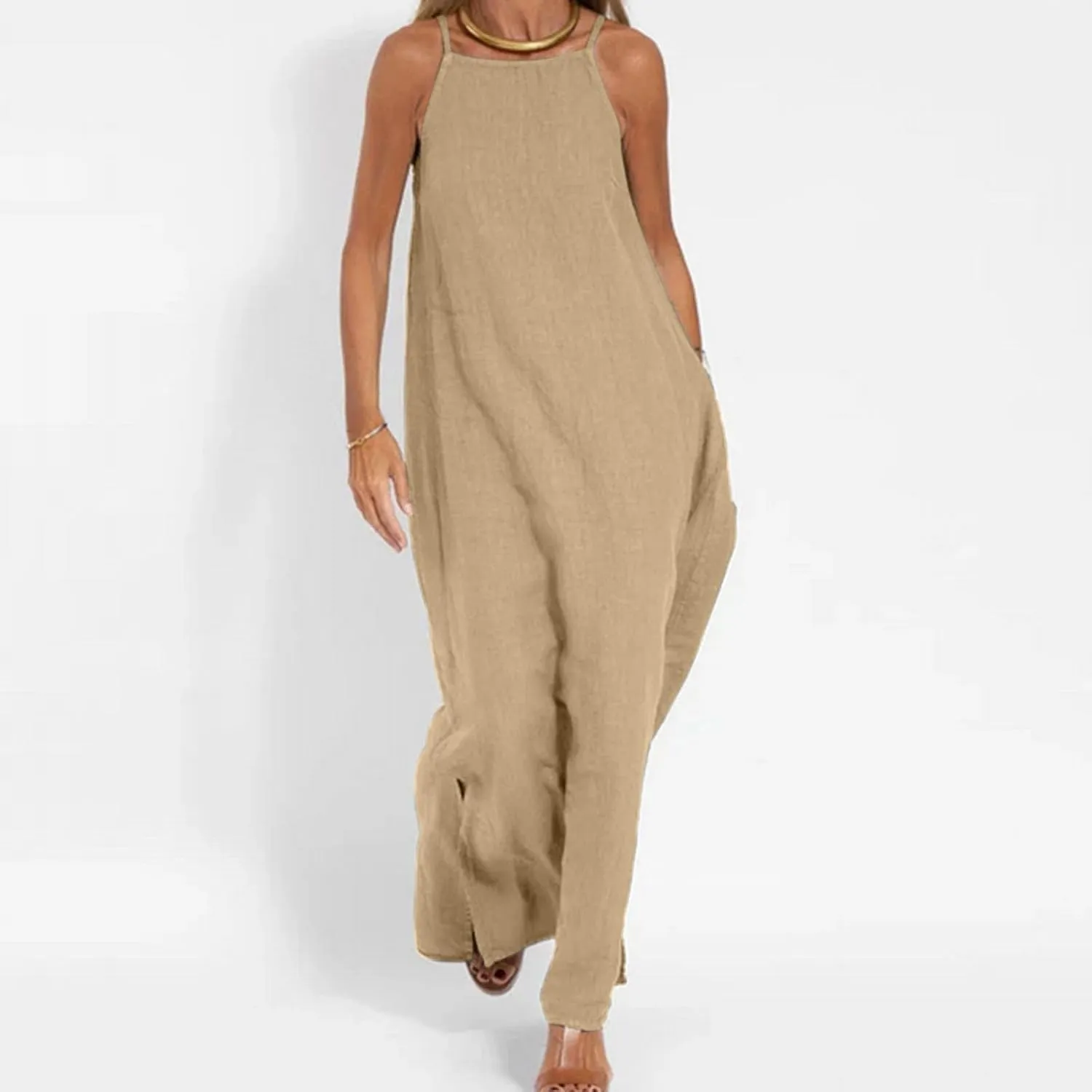 Women Summer Casual Loose Sleeveless Sundress Spaghetti Strap Flowy Boho Linen Beach Vacation Maxi Long Dress