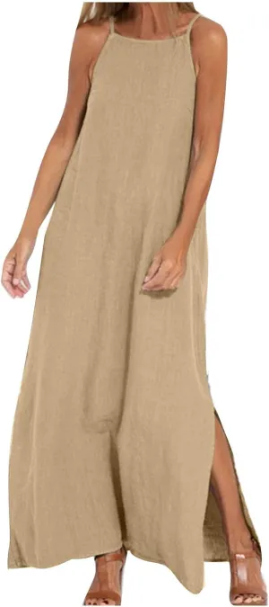 Women Summer Casual Loose Sleeveless Sundress Spaghetti Strap Flowy Boho Linen Beach Vacation Maxi Long Dress