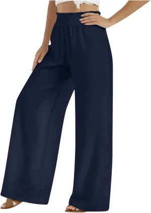 Women Wide Leg Cotton and Linen Pants Dressy High Waisted Palazzo Pants Joggers Drawstring Trouser with Pocket