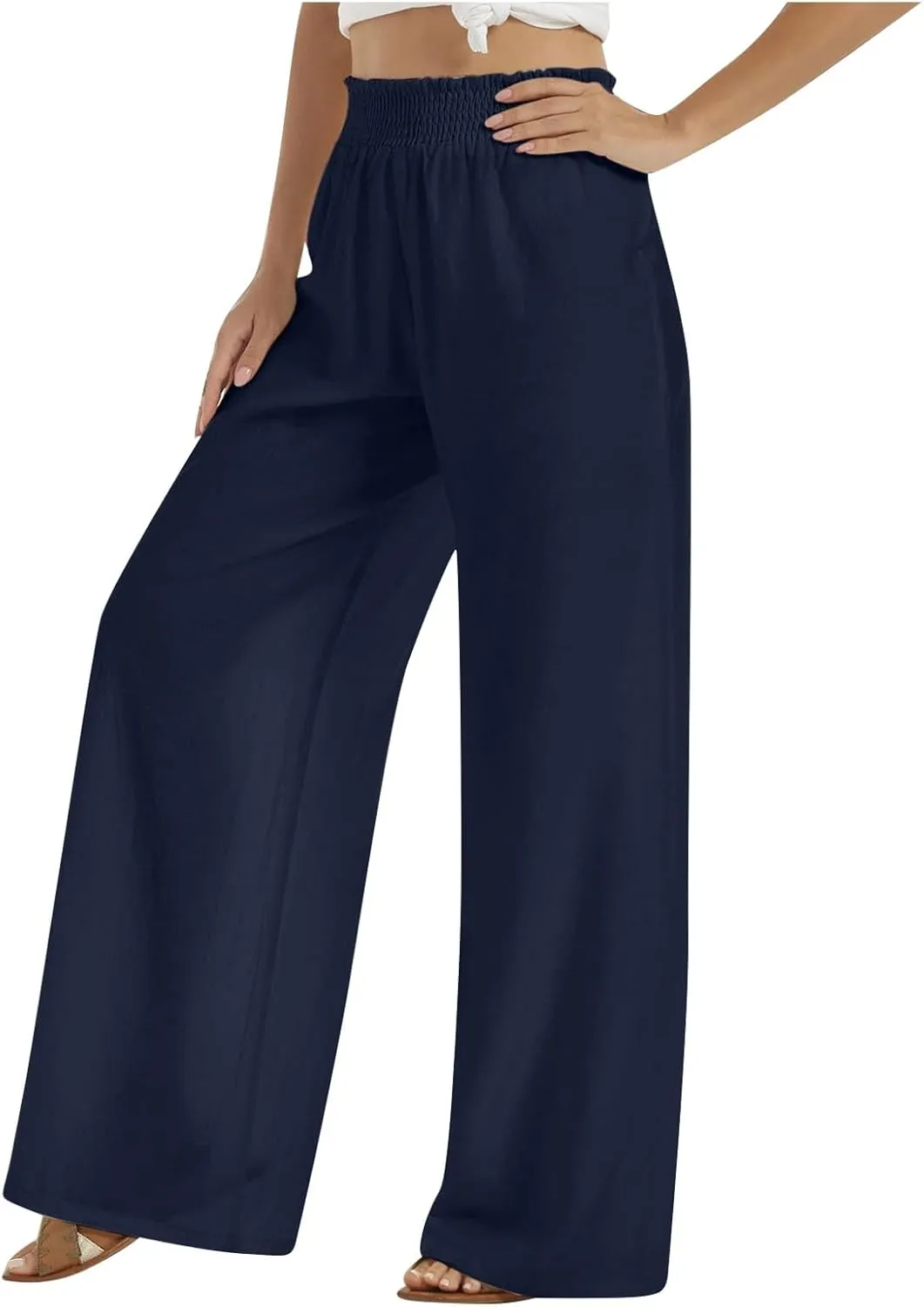 Women Wide Leg Cotton and Linen Pants Dressy High Waisted Palazzo Pants Joggers Drawstring Trouser with Pocket