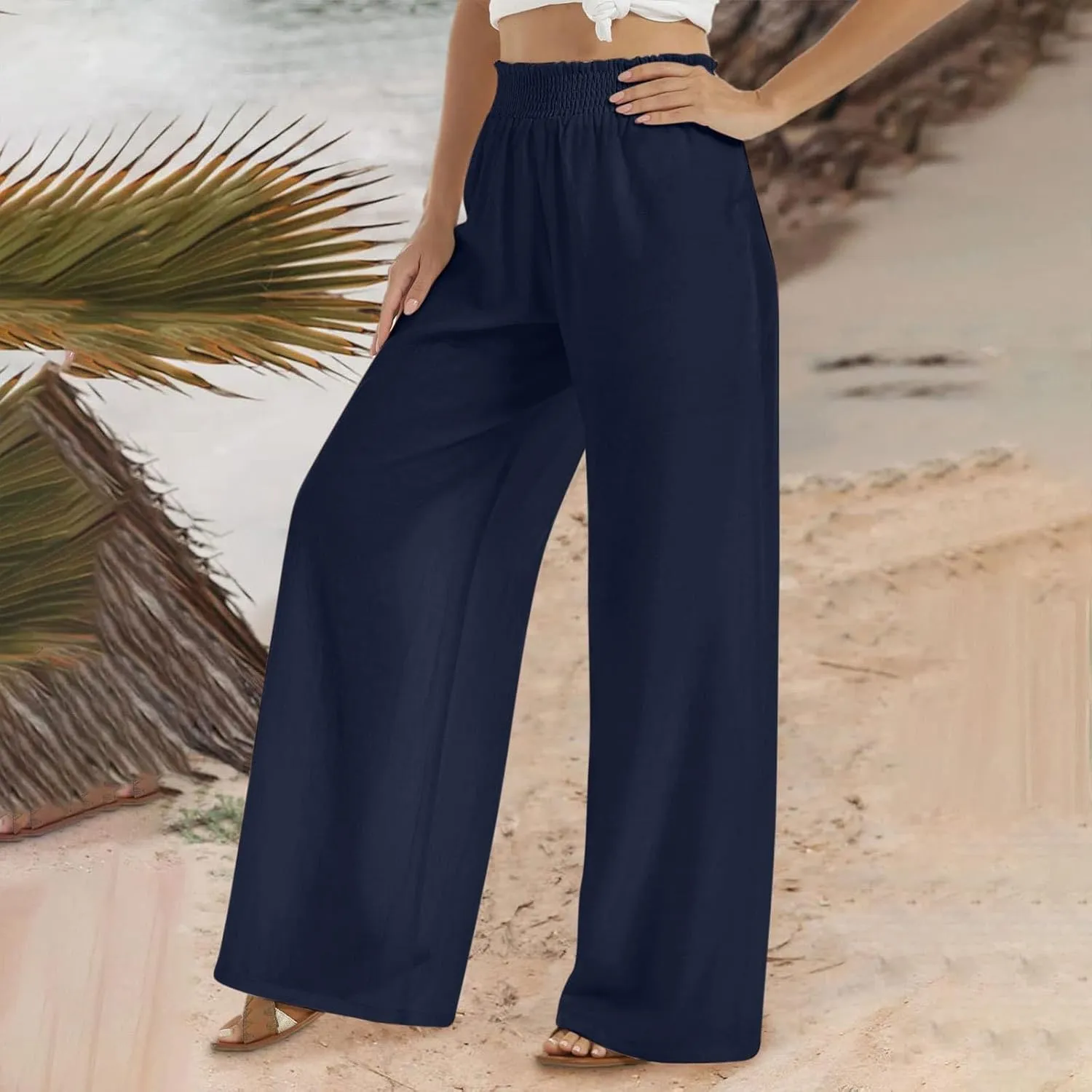 Women Wide Leg Cotton and Linen Pants Dressy High Waisted Palazzo Pants Joggers Drawstring Trouser with Pocket