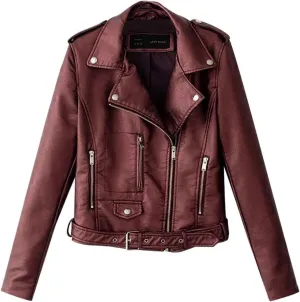 Women's 2023 Fall Faux Leather Biker Motorcycle Jacket Fashion Plus Size Long Sleeve Zipper Slim Fit Short Casual Coat