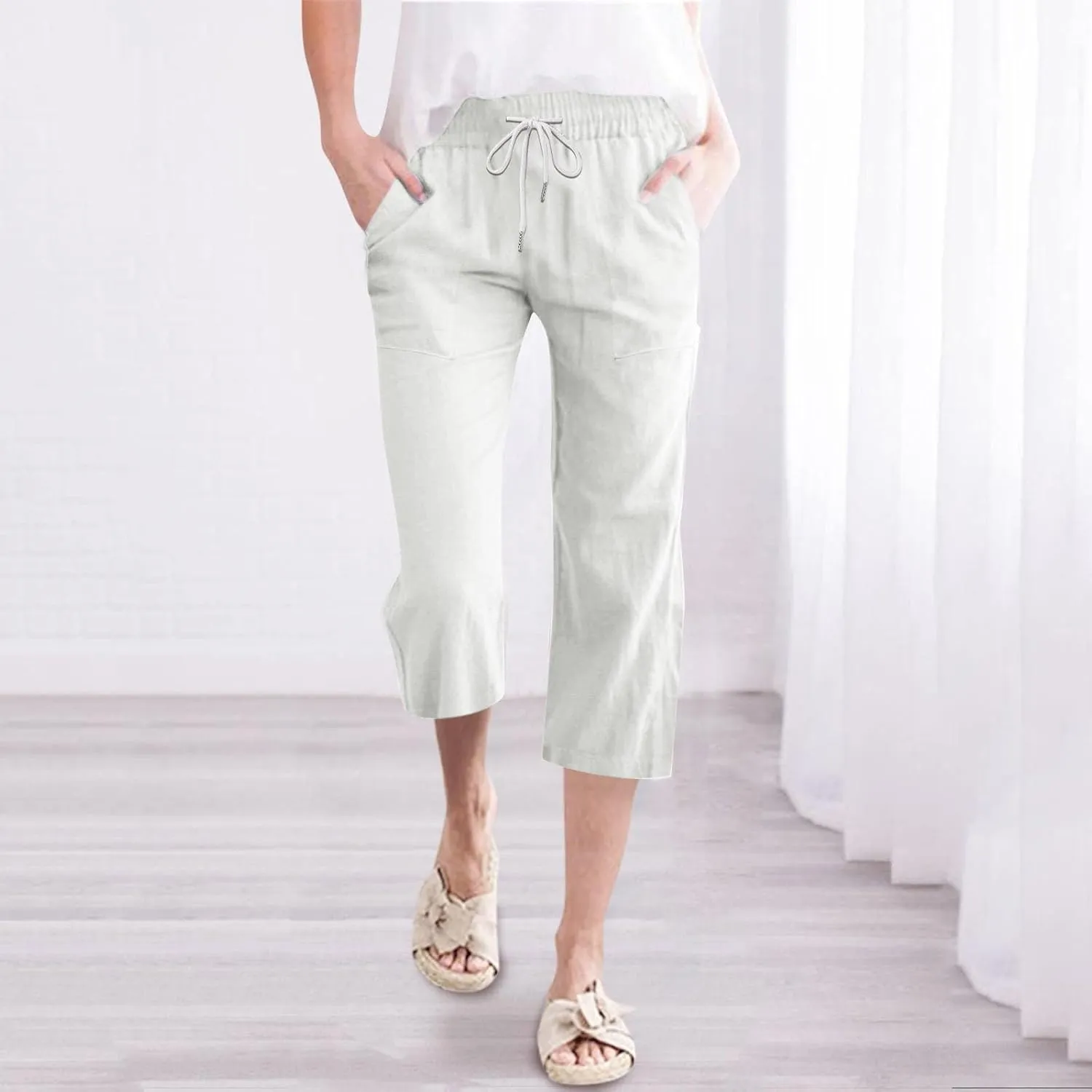 Womens 2025 Summer Capri Pants Cotton Linen Straight Leg Cropped Trousers High Waist Shorts Casual Pant with Pockets