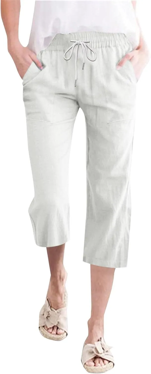 Womens 2025 Summer Capri Pants Cotton Linen Straight Leg Cropped Trousers High Waist Shorts Casual Pant with Pockets