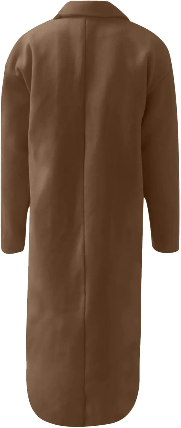 Women's Basic Designed Notch Lapel Double Breasted Mid-Long Wool Pea Coat Casual Loose Overcoats Winter Trench Coats