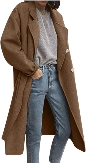 Women's Basic Designed Notch Lapel Double Breasted Mid-Long Wool Pea Coat Casual Loose Overcoats Winter Trench Coats