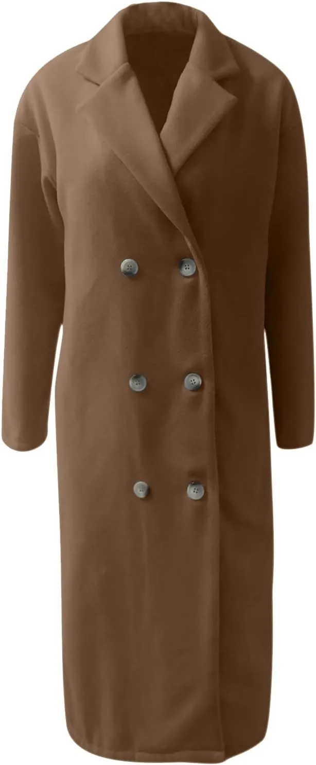 Women's Basic Designed Notch Lapel Double Breasted Mid-Long Wool Pea Coat Casual Loose Overcoats Winter Trench Coats