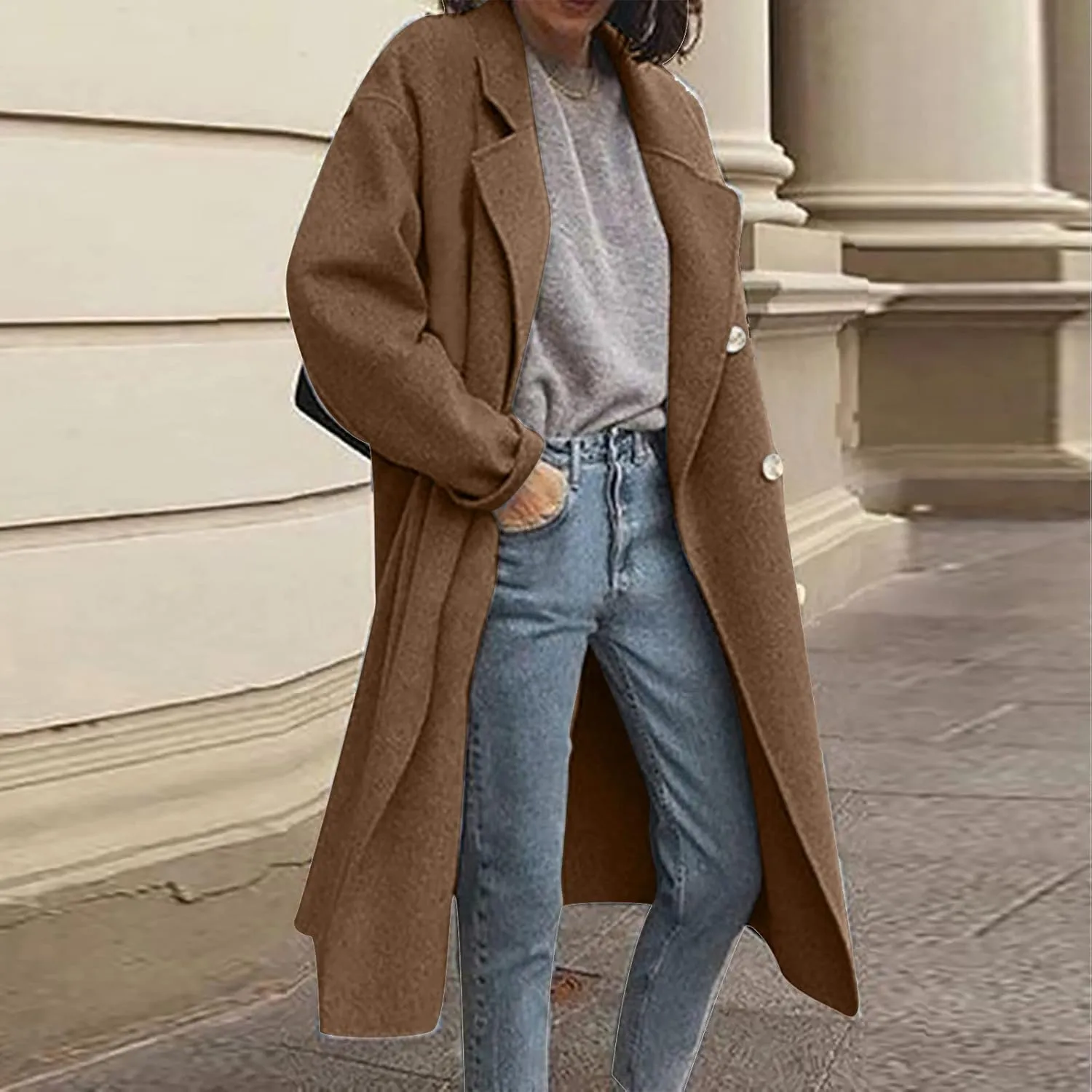 Women's Basic Designed Notch Lapel Double Breasted Mid-Long Wool Pea Coat Casual Loose Overcoats Winter Trench Coats