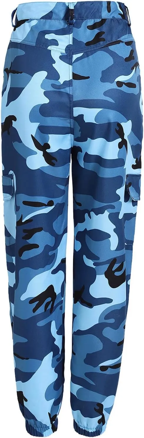 Women's Camo Pants Cargo Trousers High Waist Casual Camouflage Tactical Pants Loose Fit Jogger Pants with Pocket