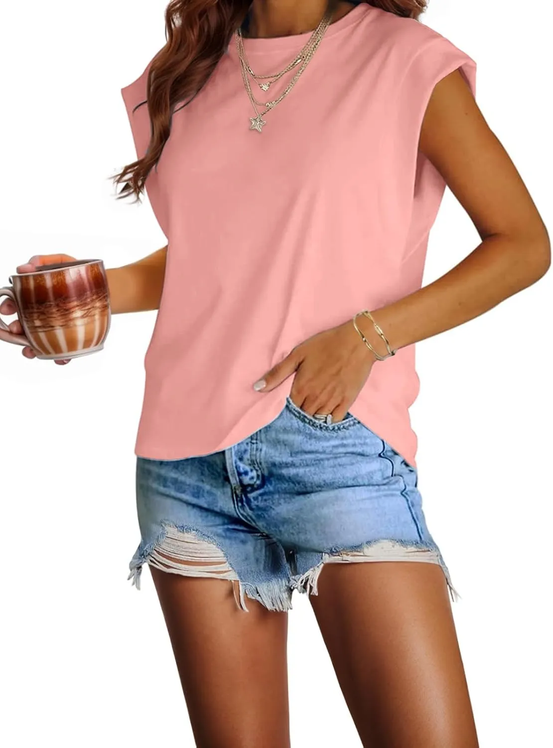 Womens Cap Sleeve T Shirts Tops Crew Neck Casual 2025 Trendy Top Basic Summer Short Sleeve Loose Fit Tee Shirt