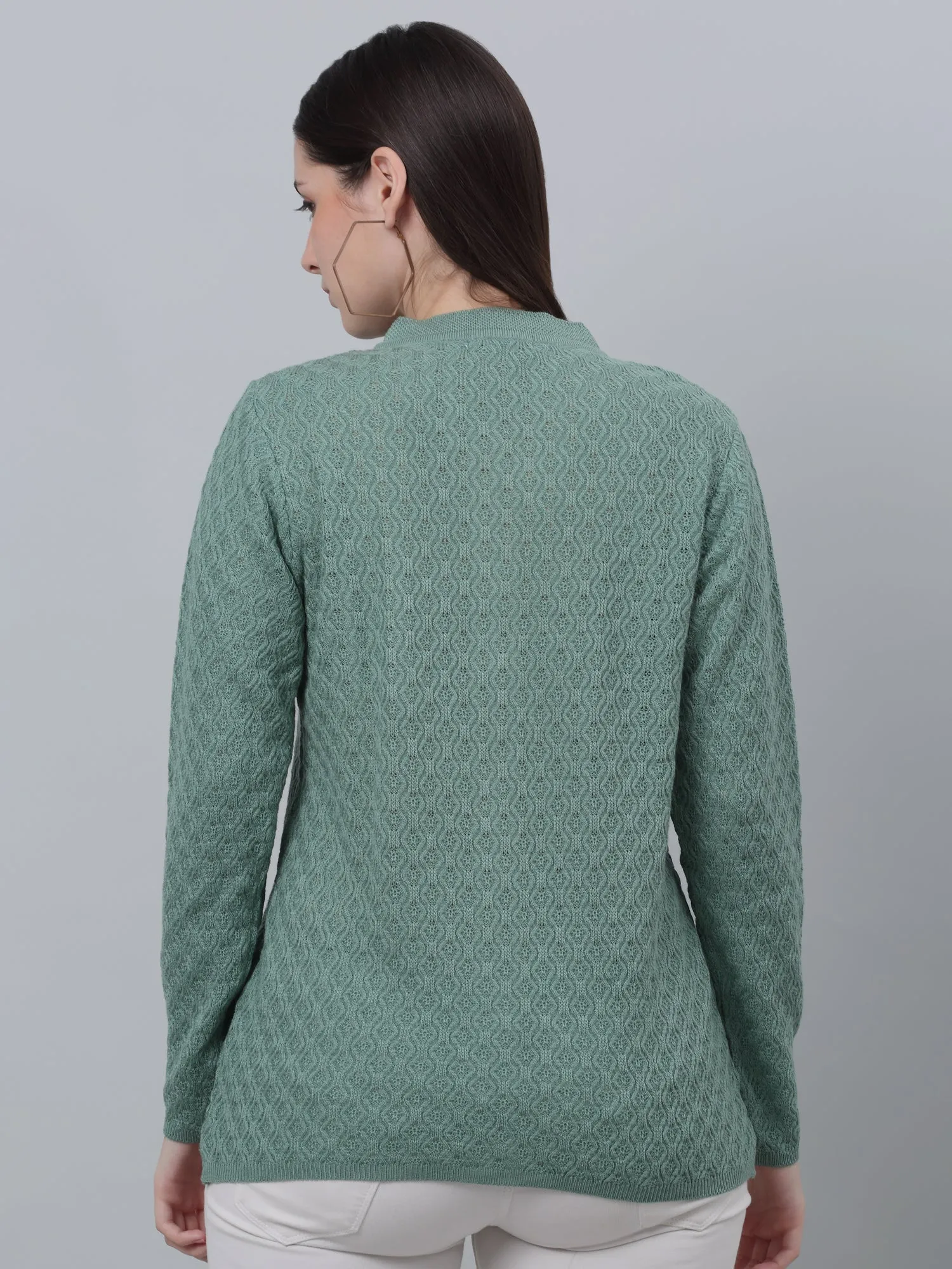 Women's Casual  Green Round neck Cardigan Sweater