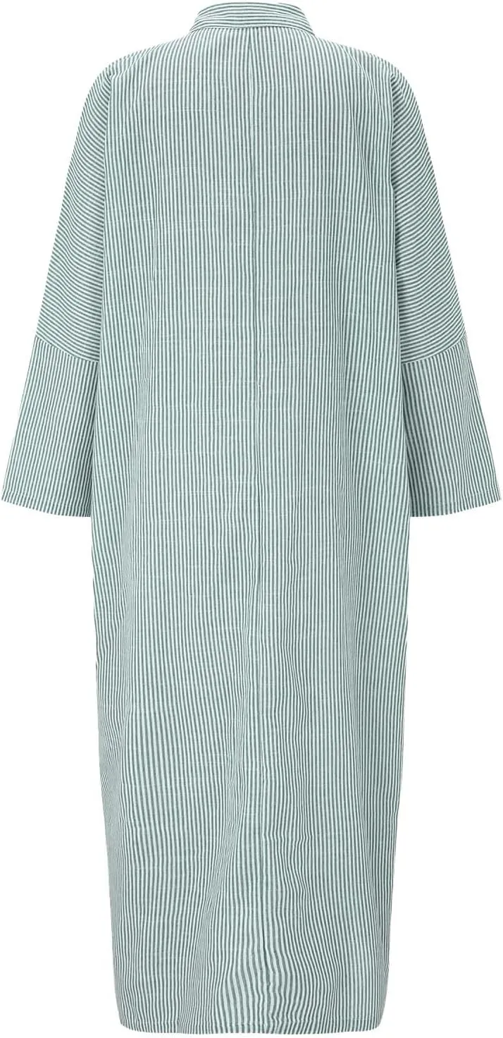 Womens Casual Long Sleeve Button Down Loose Striped Cotton Maxi Shirt Dress Sundress Split Maxi Long Beach Dress Shirt Dress