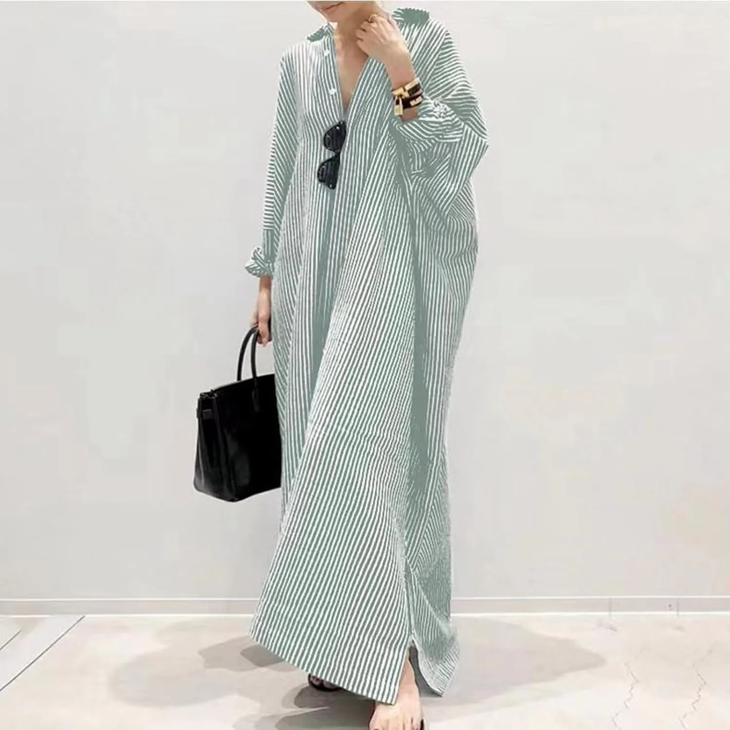 Womens Casual Long Sleeve Button Down Loose Striped Cotton Maxi Shirt Dress Sundress Split Maxi Long Beach Dress Shirt Dress
