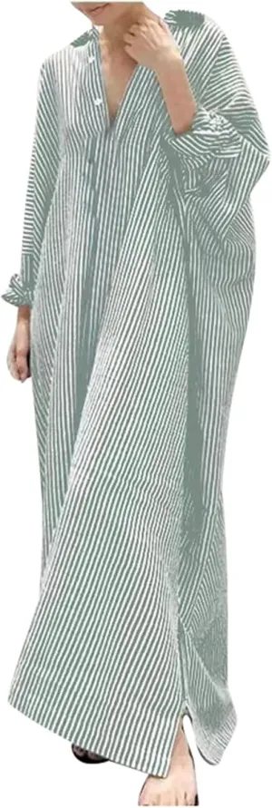 Womens Casual Long Sleeve Button Down Loose Striped Cotton Maxi Shirt Dress Sundress Split Maxi Long Beach Dress Shirt Dress