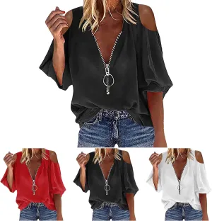 Womens Casual Zip T Shirts Fashion Cutout Long Sleeve Cold Shoulder V Neck Tops Loose Fit Dressy Party Tunic Blouse