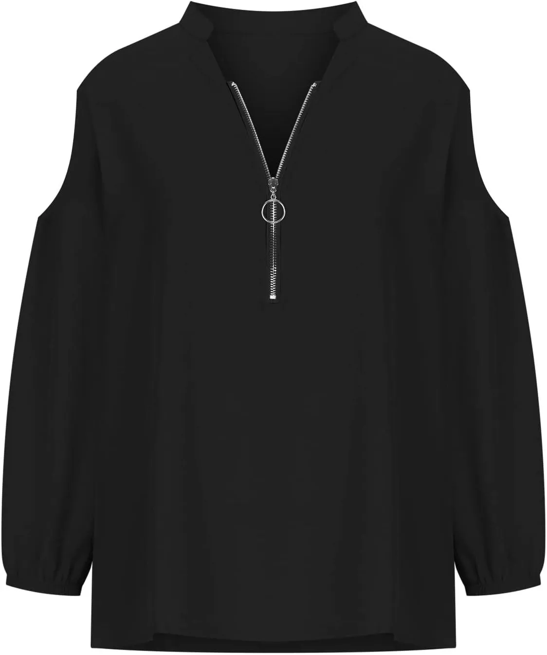 Womens Casual Zip T Shirts Fashion Cutout Long Sleeve Cold Shoulder V Neck Tops Loose Fit Dressy Party Tunic Blouse