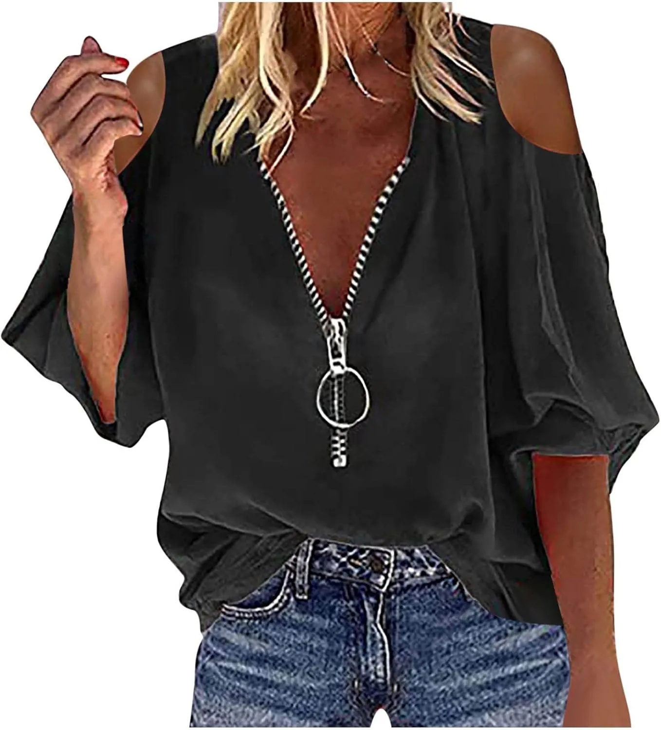 Womens Casual Zip T Shirts Fashion Cutout Long Sleeve Cold Shoulder V Neck Tops Loose Fit Dressy Party Tunic Blouse