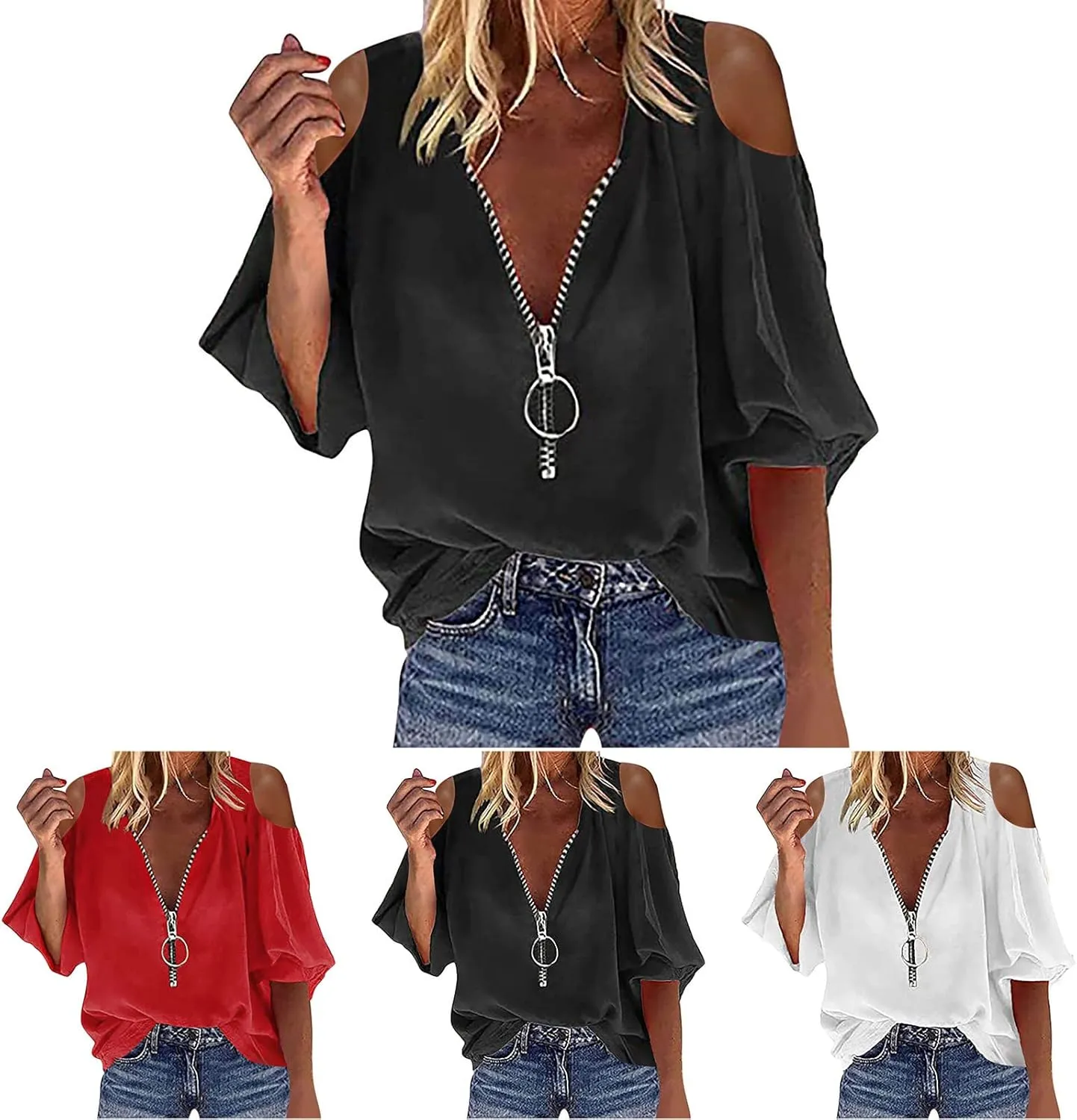 Womens Casual Zip T Shirts Fashion Cutout Long Sleeve Cold Shoulder V Neck Tops Loose Fit Dressy Party Tunic Blouse